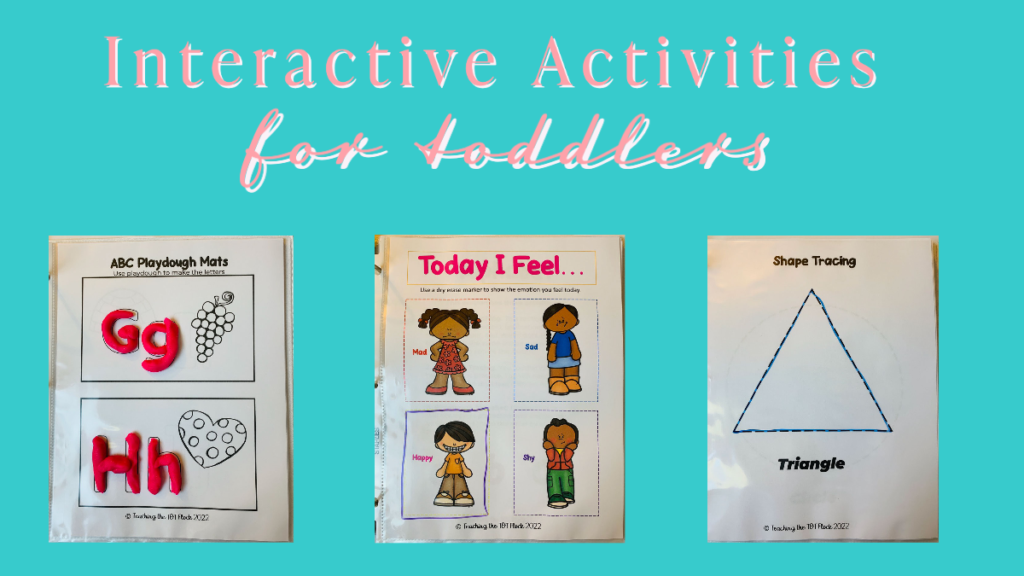 There are various interactive activities for toddlers to be able to complete in the toddler interactive binder. Making playdough letters, circle todays feelings, and tracing shapes. These activities are included as well as many more. 