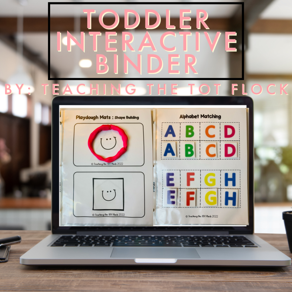 Toddler interactive Binder photo with a playdough activity and a matching activity as examples on a computer screen. 