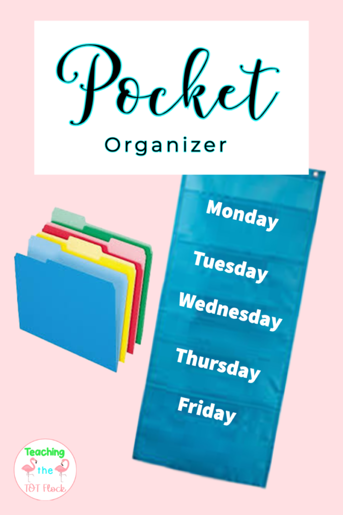 This shows the five pocket organizer with the days of the week. You can place your teaching materials for that day in the pocket. This is a great tool; plus if you have a substitute the lesson plans can be stored in the organizer.  