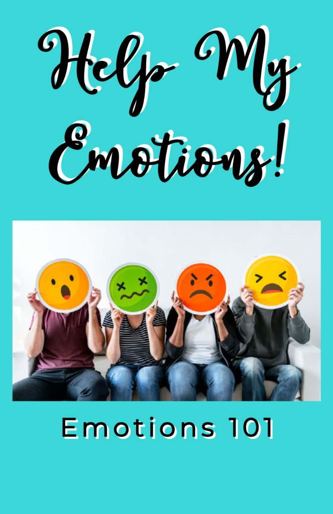 This images says Help my Emotions! It shows a picture of people with emotion masks over their faces.