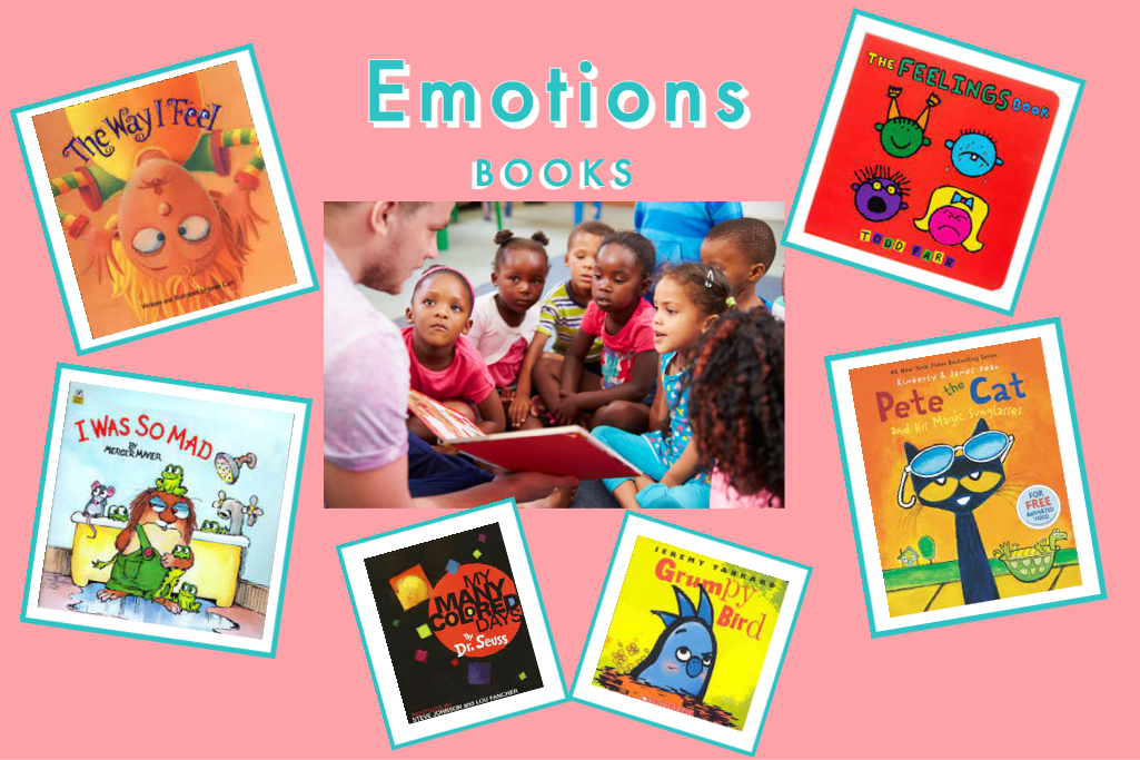 This image has a picture of a teacher and kids listening to a story. The other images are pictures of various books on emotions that I use to help teach emotions. 