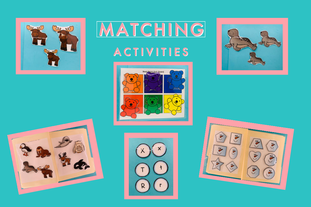 This image shows some of the various matching activities in this bundle. There are file folders, color and size matching, and alphabet matching activities. 