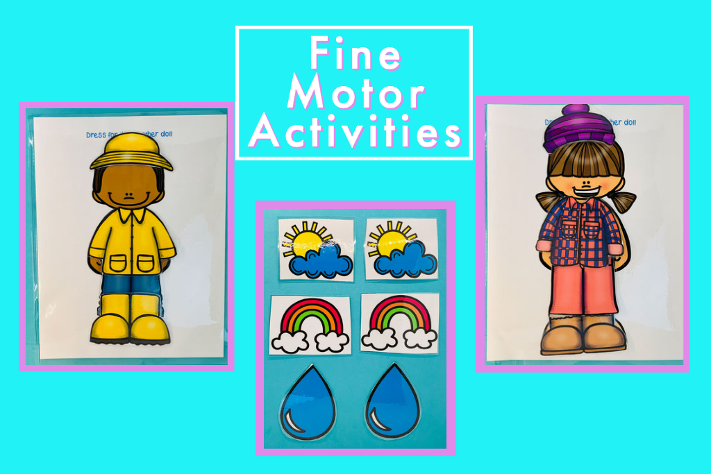 This picture shows fine motor activities. One  activity is weather icon matching and the other is dress for the weather. The kids will learn what to wear for the weather of the day. They will also learn how to match like items. 