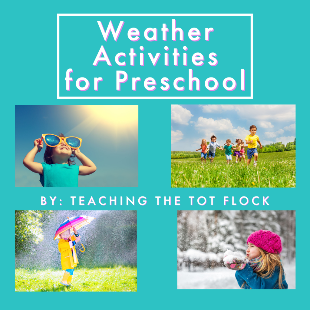 This image is the featured image for the blog post. There is a picture of a child with sunglasses on a sunny day, kids playing outside with a partly cloudy day, a child holding an umbrella in the rain, and a child playing in the snow. 