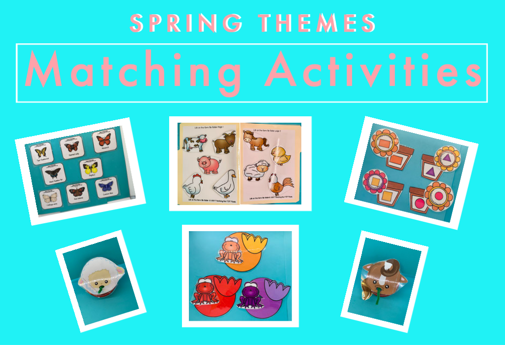 This image shows various matching activities that go with the themes: farm, pond, garden, and butterflies. There are matching shapes and colors, feed the animal, and file folder activities. 