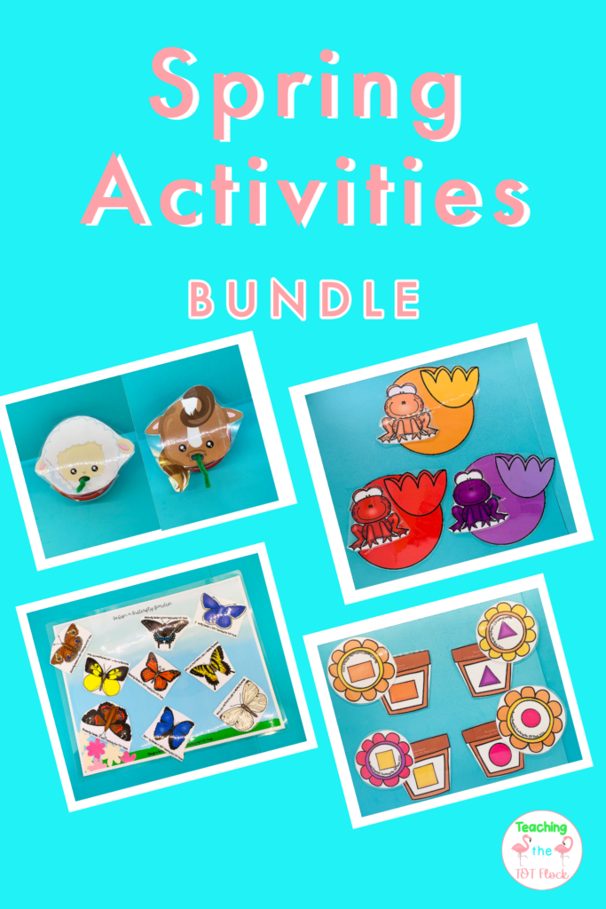 The image shows pictures of the feed the farm animal, frog  and lily pad color matching, design a butterfly garden, and flower shape matching activities. All of these activities are included in the Spring Activities Bundle from Teaching the Tot Flock. Click the picture to learn more.