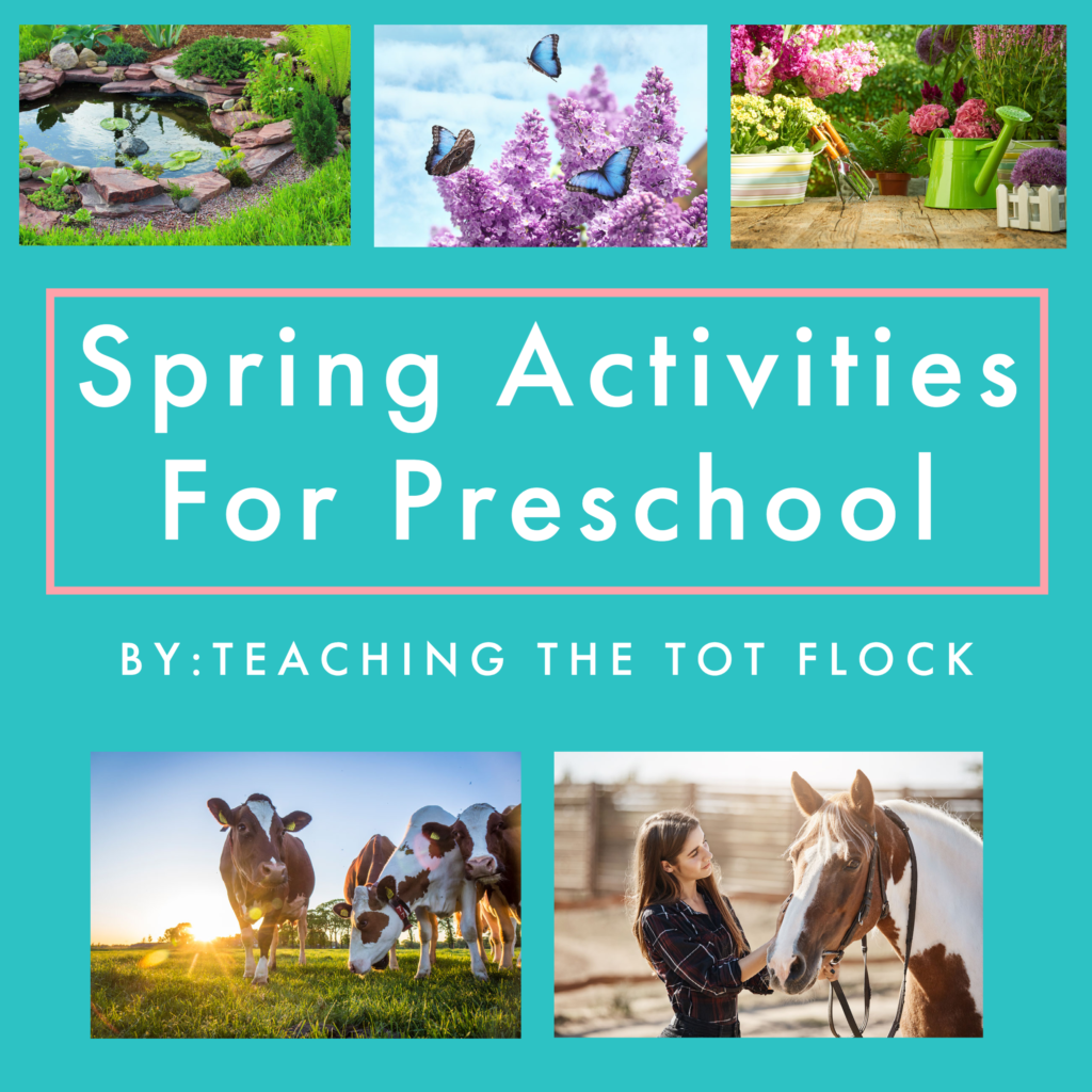 This image is the cover image for the blog post Spring Activities for Preschool. There are pictures of a pond, butterflies, garden tools, and farm animals. These images represent the themes included in this blog post. 