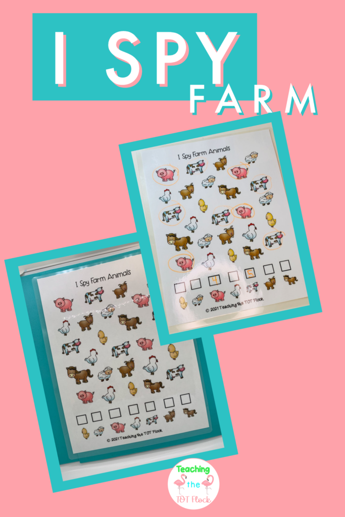 This image is about the I Spy Farm activity. The activity has various farm animals to find. The children can count or point to the animals that they see. 