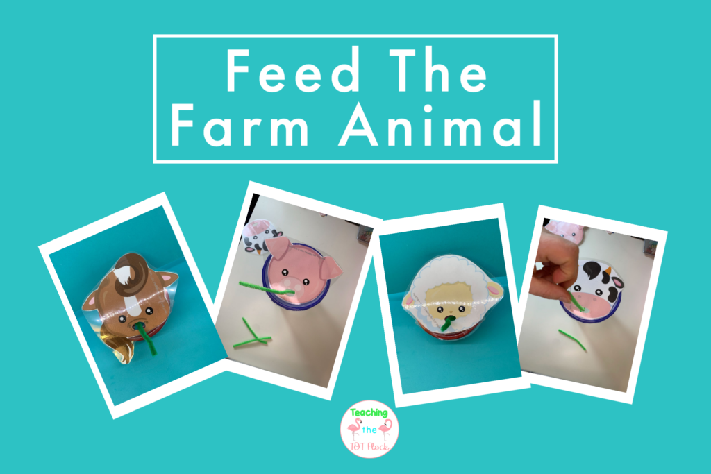 The feed the farm activity requires pictures of animals with holes near their mouth, a container as the body of the animal, and I use green pipe cleaners as grass. To make the activity harder you can use tweezers. This is a great farm activities for toddlers and preschool.