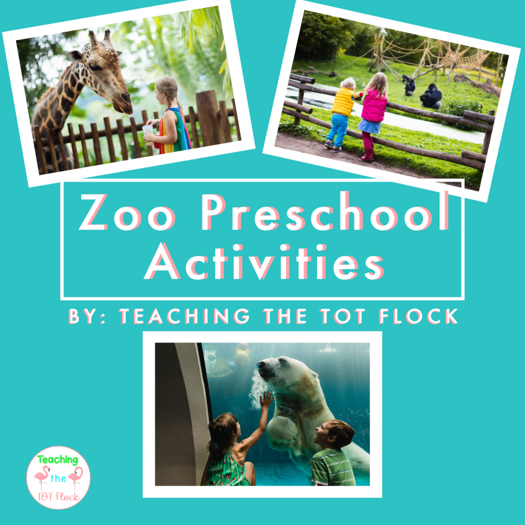 The Zoo Preschool Activities image. The pictures show kids seeing a polar bear swimming in the water, a child looking at giraffe, and two kids looking at the chimpanzees. 