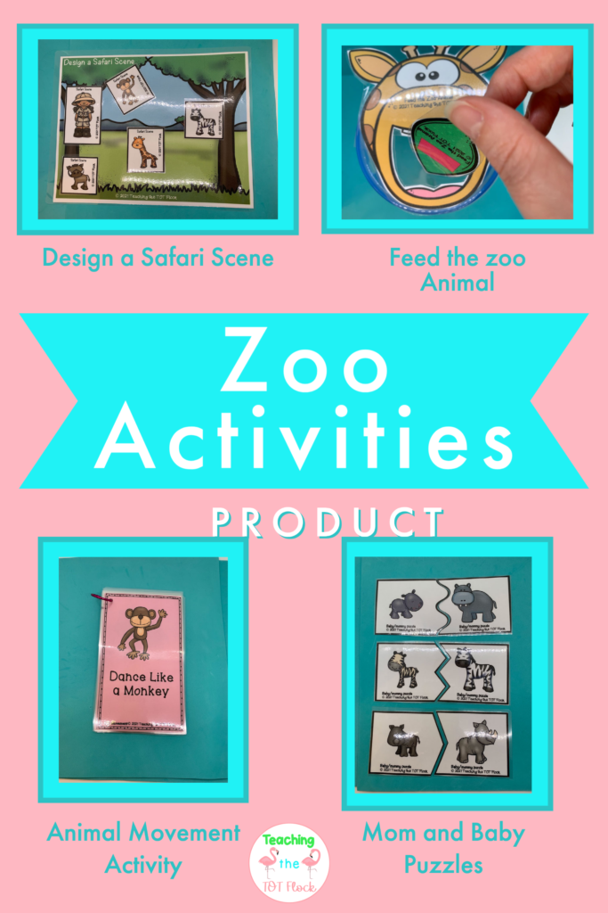 The zoo activities packet includes the design a safari scene, feed the zoo animal, Zoo animal movement activity, and mom and baby puzzle activities. Click the image to learn more. 