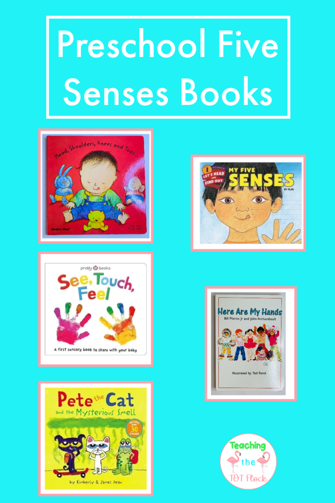 The picture shows some of the books that can be used when teaching the five senses. Some of the books are My Five Senses by Aliki, See, Touch, Feel by Priddy, and Pete the Cat and the Mysterious Smell by Dean. 