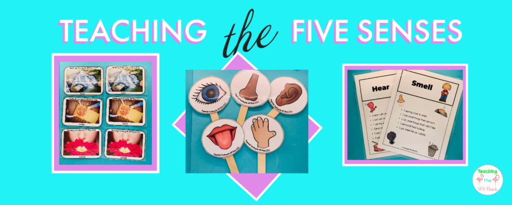 This picture shows that using senses matching, puppets, and poster can help when teaching the five senses. 