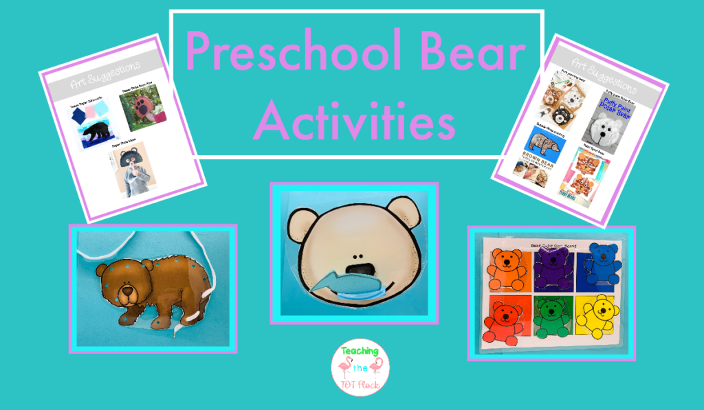 This image is titles preschool bear activities. Some activities are bear lacing cards, bear color sorting, feed the bear, and process art activities with the bear theme. 