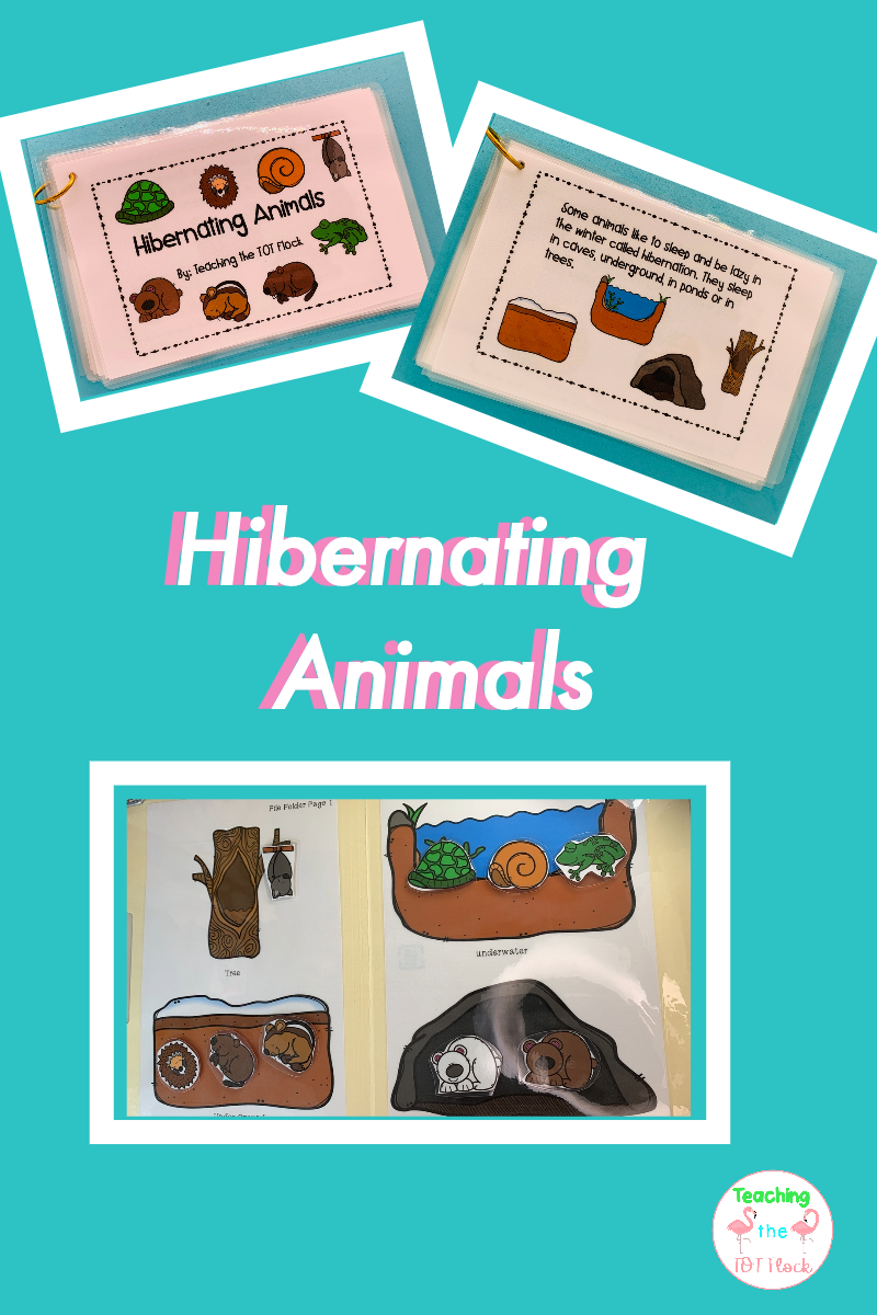 The hibernating animals image shows a story about animals that hibernate and a file folder to match the animal to the habitat that they hibernate in. There are many animals besides the bear that hibernates for survival. 