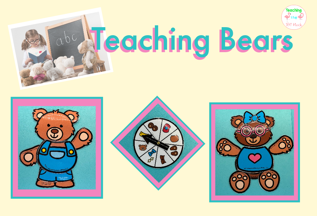 The title of this image is Teaching Bears. There is a picture of a child with a chalkboard reading to her teddy bears. Also the build a teddy bear activity images are also included. 