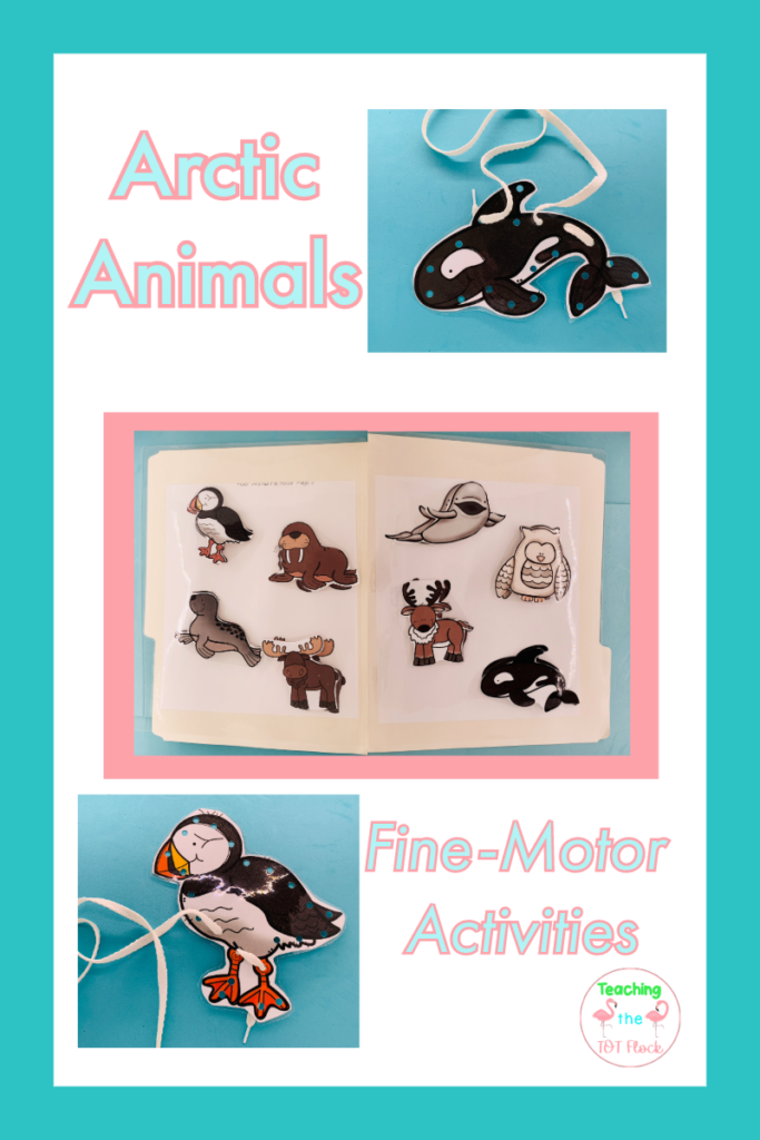 Some other activities for the arctic animals preschool theme include lacing cards and file folder games.