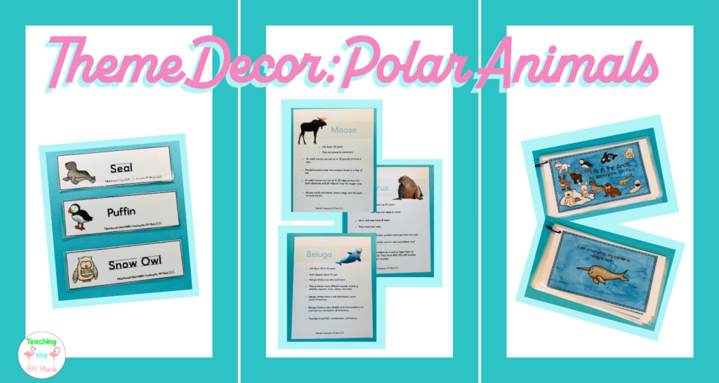 Theme decor for Polar animals for the class can include word wall cards that label various polar animal theme objects, posters with animal facts, and books to help teach the theme through stories. 