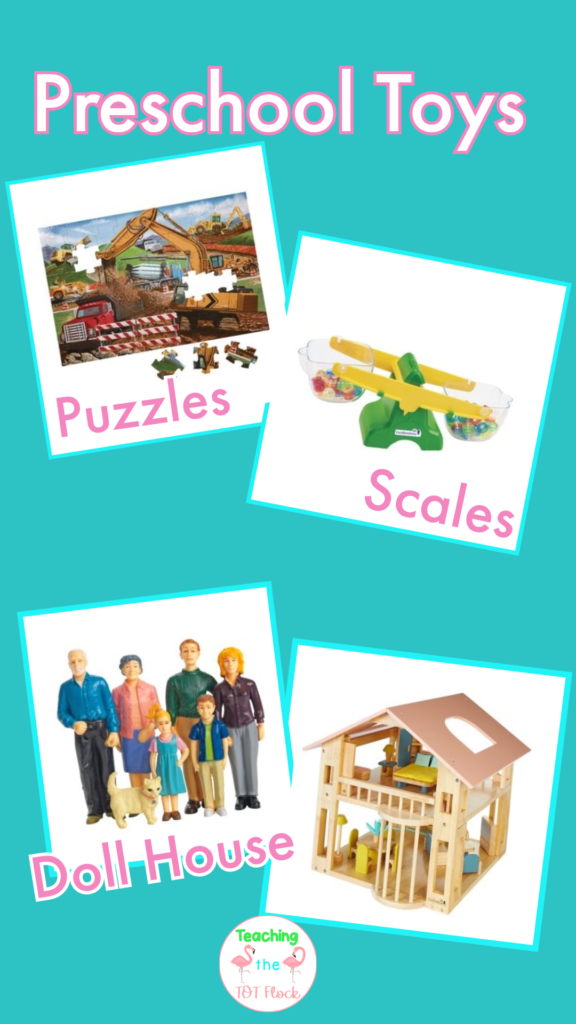 There are a variety of toys in a preschool class. Some options for toys are scales, puzzles both big and small, and doll house with people and animals. These toys help foster creativity and help develop problem solving skills. 