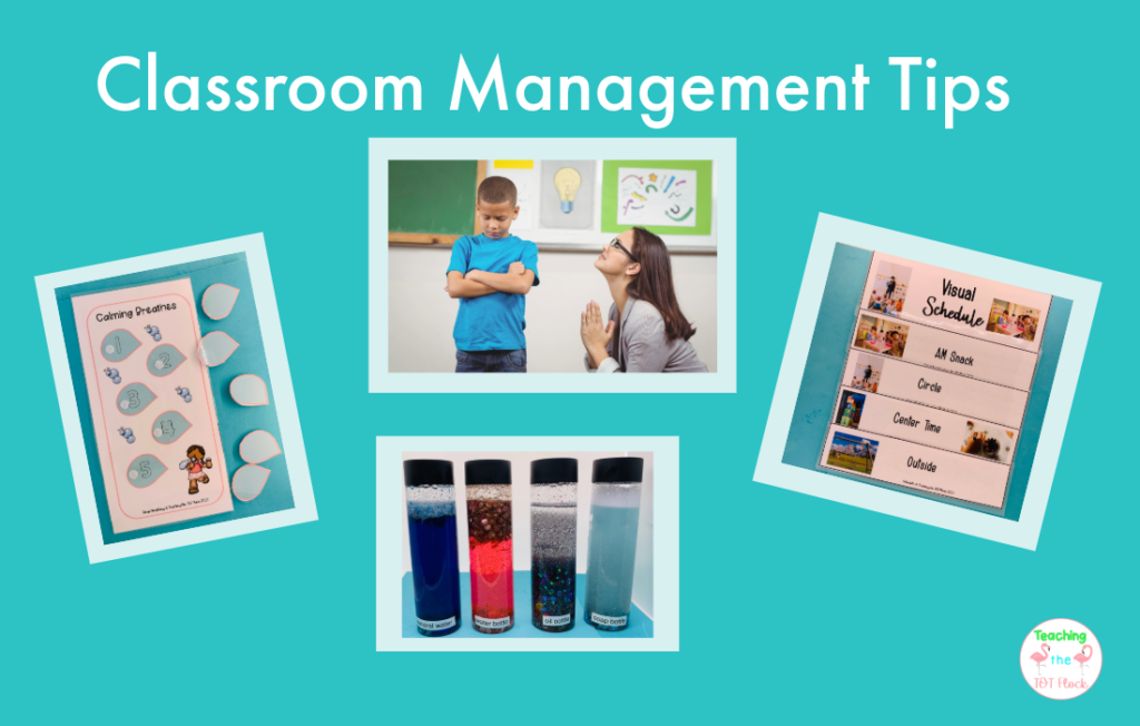 Classroom management tips can cover a large range of classroom issues. Some things that can help are using a visual schedule, have breathing prompts, and sensory bottles. There is a picture of a child who is mad and a teacher begging the child to listen and change moods. 