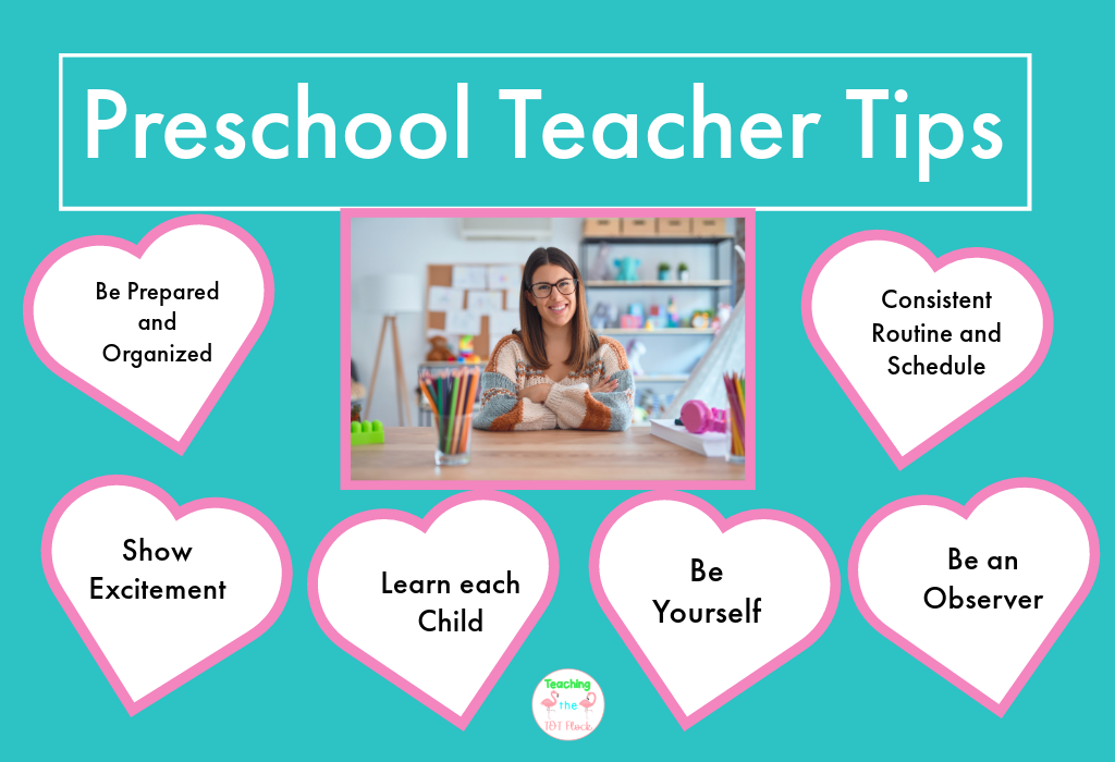 The preschool teacher tips image has an image with a teacher at a desk. There are many tips that a preschool teacher can use such as learn each child as an individual, be yourself, show excitement, and be organized. 