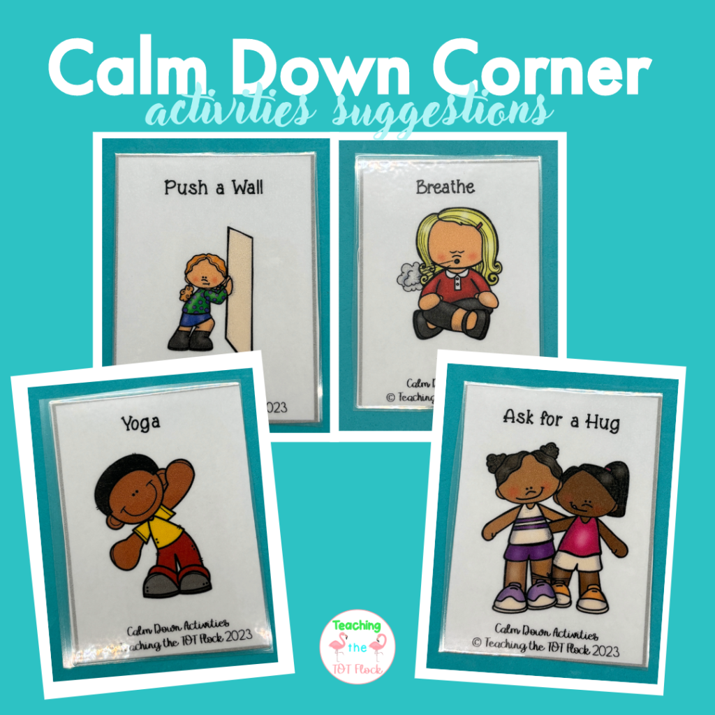 There are many ways to calm down. Some choices can include pushing a wall, breathing, doing yoga, and asking for a hug. 