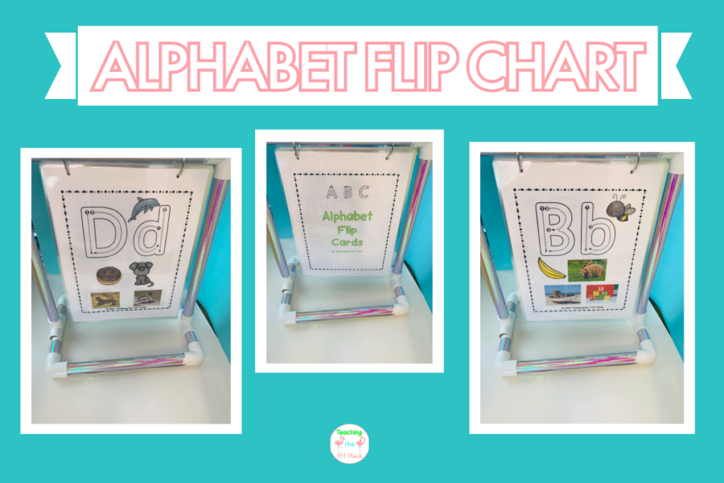 The alphabet for classroom image showcases the alphabet flip chart. The alphabet flip chart showcases how to write the letter and images that start with that letter. You can make a stand with PVC piping directions are included inside the product. 