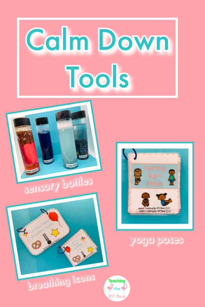 Calm Down Tools can include sensory bottles, yoga poses, and breathing icons. These ideas can help your calm down corner in classroom.  