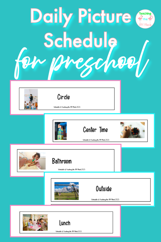 The daily picture schedule for preschool image shows an example of a picture schedule showcasing the morning activities such as circle, centers, outside, and lunch. 