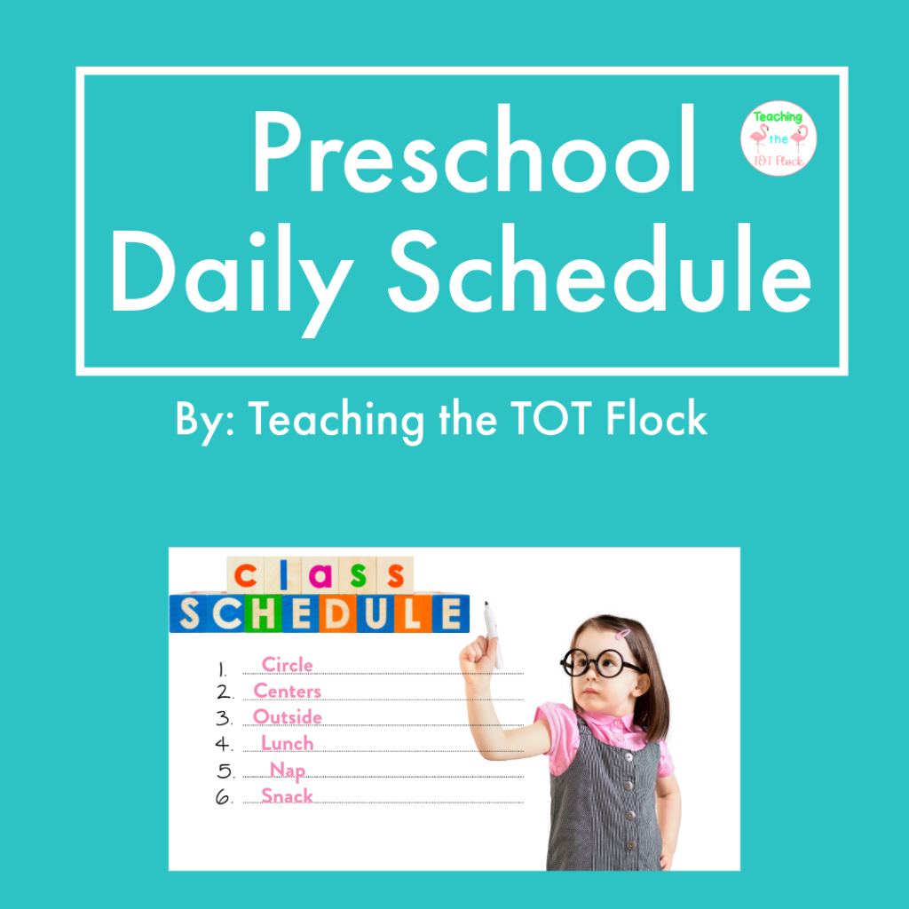 This image is the title for the post preschool daily schedule. There is an image with a child writing on the board a schedule for the day. 