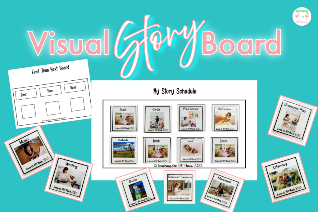 The visual story board image has pictures oof a first, then, next board and a personal story schedule with the icons to use with both boards. 