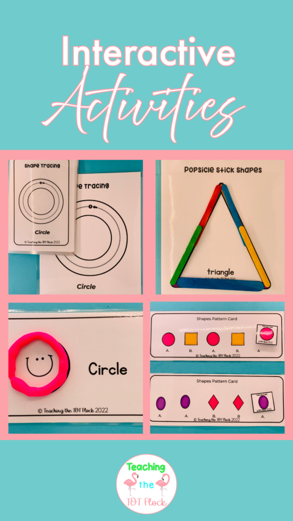  The interactive activities in the shapes preschool resource are tracing, playdough mats, popsicle stick shapes, and pattern cards.