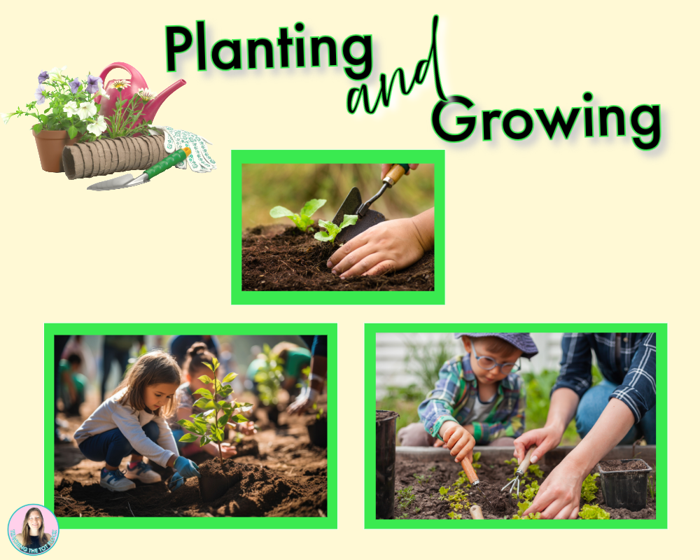 The image shows three different images of children planting and growing various plants in the soil.