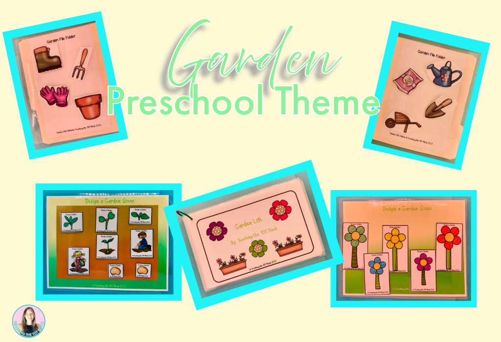 The garden preschool theme image shows a file folder activity, a garden book, and a design a garden scene.