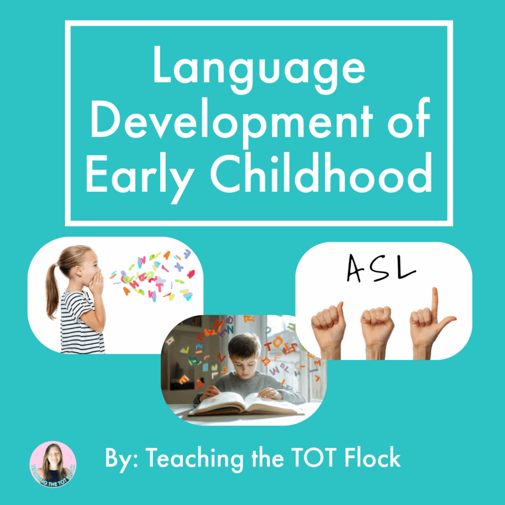 This is the title image to the blog post titled language development of early childhood. The images shown show a child speaking, a boy reading a book, and sign language saying ASL. 
