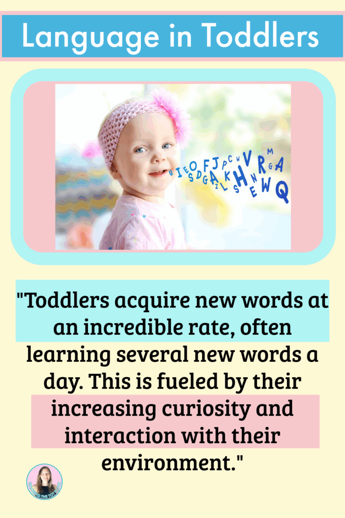 The language in toddlers image states a quote" Toddlers acquire new words at an incredible rate, often learning several new words a day. This is fueled by their increasing curiosity and interaction with their environment."