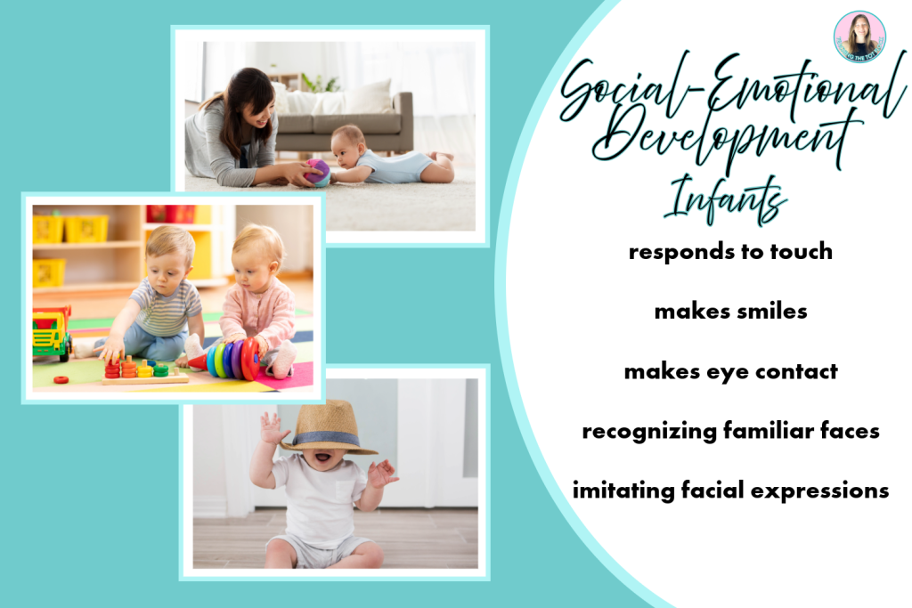 This  image shows infants interacting with toys and caregiver. One infant is playing peek a boo with a hat. Intants respond to touch, make smiles, make eye contact, recognize familiar faces, and imitate facial expressions at this stage. 