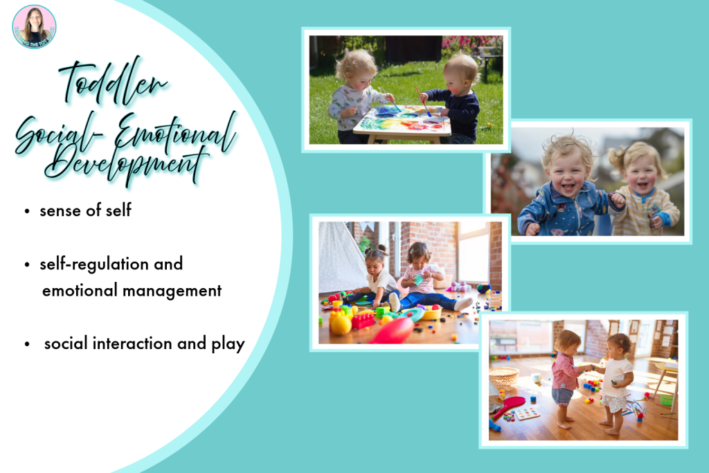 This image shows the toddler development for social emotional learning. The pictures show children engaging in activities with each other. Some skills learned are a sense of self, self-regulation and emotional management, and social interactions in play. 